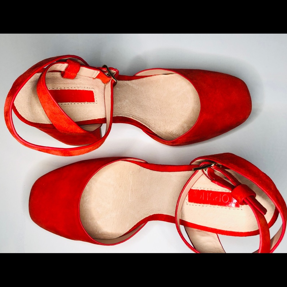 TopShop Suede Red Scarlet Chunky Platform Heels - Picture 2 of 13